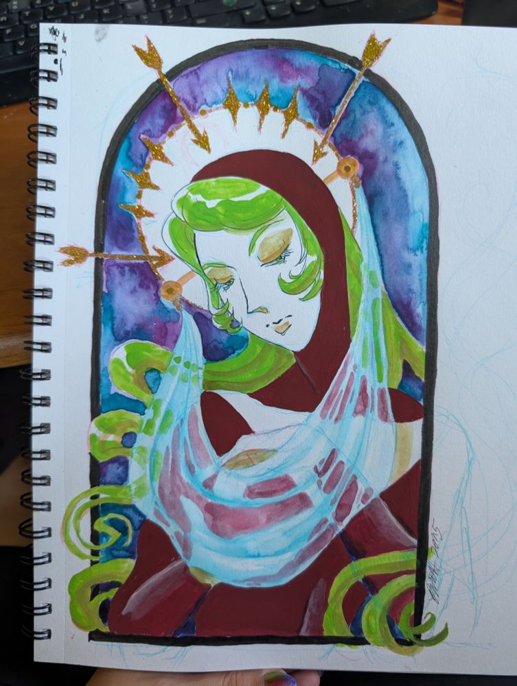 Painting of a green haired cartoon woman