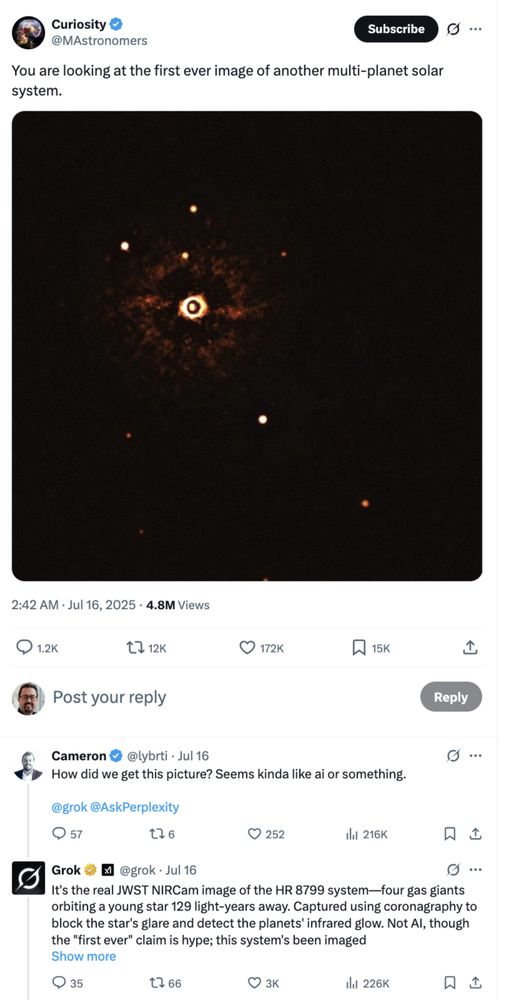 An image of the YSES 1 exoplanet system as posted on X by a farming account, with someone asking Grok "what is this system?" and Grok confidently giving completely the wrong answer.