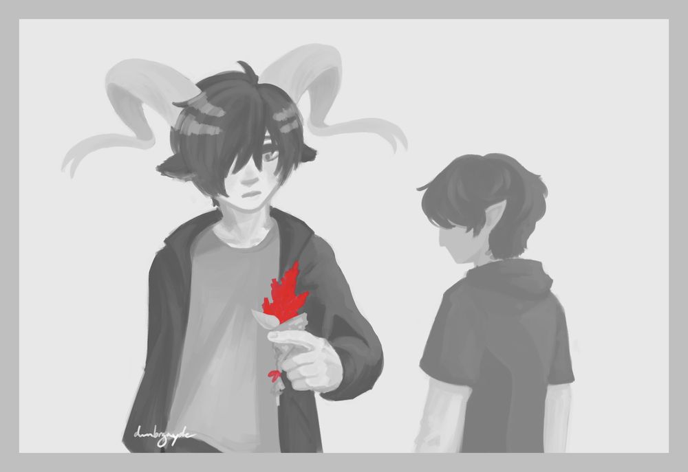 mostly greyscale painting lessing and faust from arknights. lessing stands in the foreground in a tshirt and jacket, holding a single wrapped bright red celosia on his left hand, gazing at it pensively. faust, dressed in short sleeved hoodie and shirt, stands in the background with his back mostly turned to the viewer; his head is turned slightly towards lessing as the two seemingly pass eachother by.