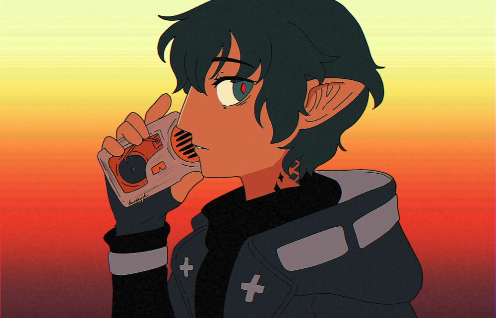 faust from arknights, drawn in place of adachi rei in the mv for heat abnormal by iyowa. depicted in profile, faust is giving the viewer a wide-eyed, lost look as he holds a recording device up to his face, wind carding throough his hair. the background is an artifacted sunset, a fiery red end impending.