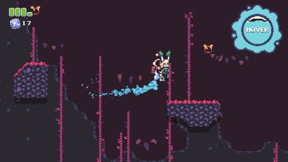 Jade and Kaguya hovering above a red forest, with a slime enemy in front of them.