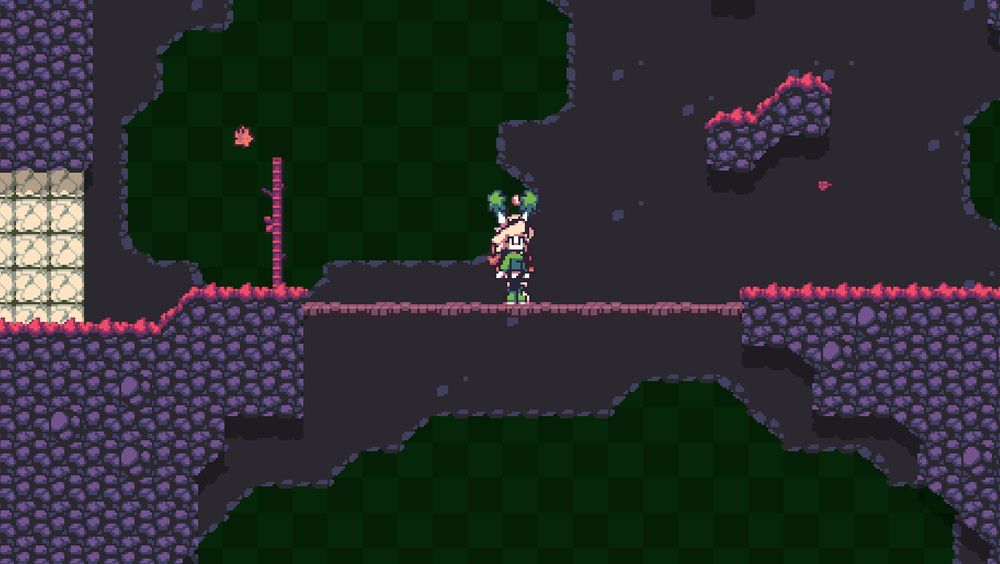 Jade and Kaguya standing on a bridge, leaves are falling, and breakable rocks are to the left.