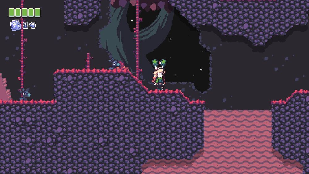 Screenshot of my game in development, with UI elements in the top left:
A green health bar with 5 pips
A counter showing the player collected 14 collectibles.

In the actual gameplay screenshot, there is Jade and Kaguya near a pair of bird enemies on the ground. The area is very red and purple, and has trees and bamboo, with soft soil in front of Jade.