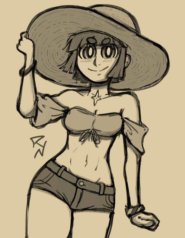 Short Haired Girl wearing a sunhat, a small top, and short shorts, holding the hat with one hand