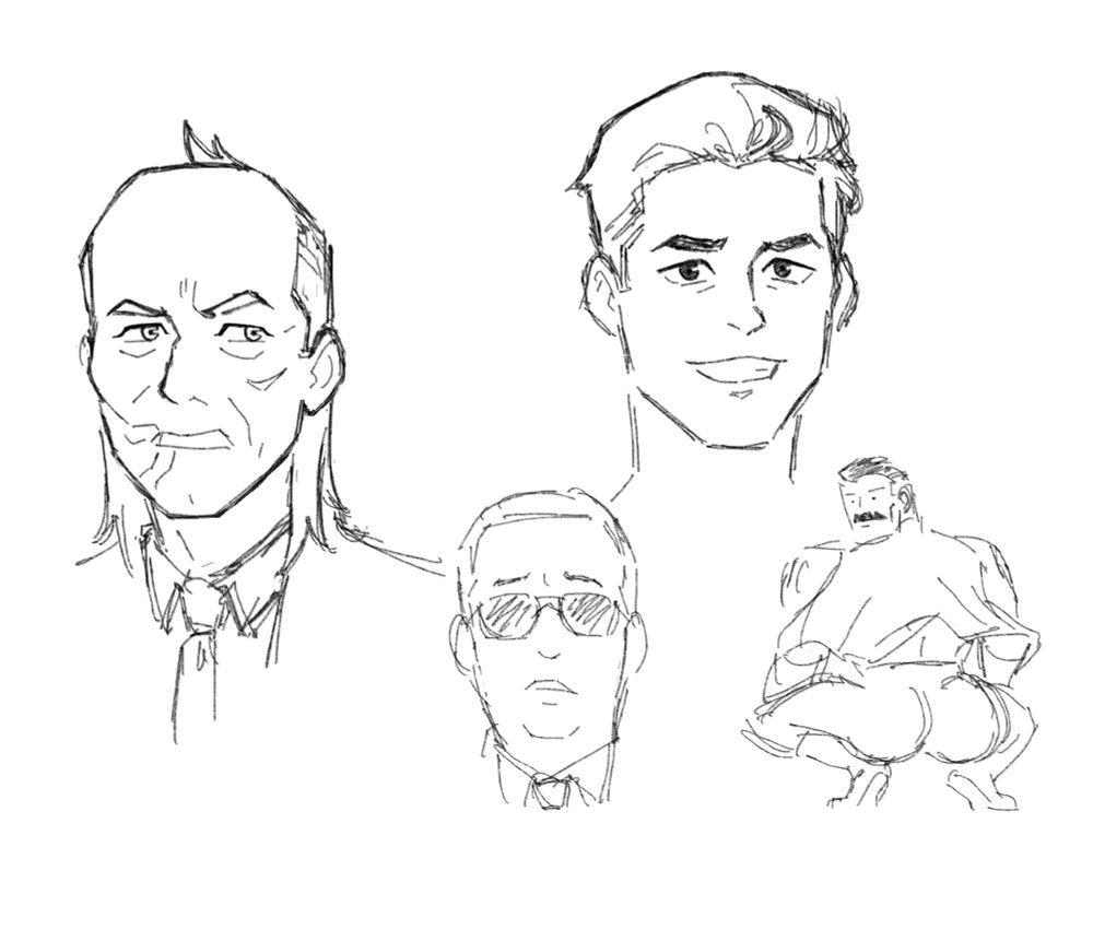 fanart of some Invincible characters: Cecil Stedman, Mark Grayson, Donald Ferguson, and thicc Omni-Man