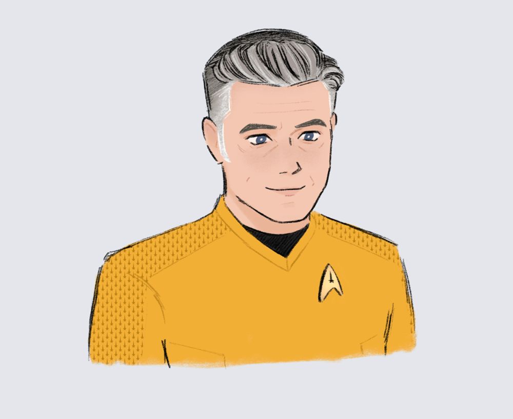 SNW Chris Pike fanart portrait thingy. He is looking slightly down with a smile. How he looks at Firis frfr