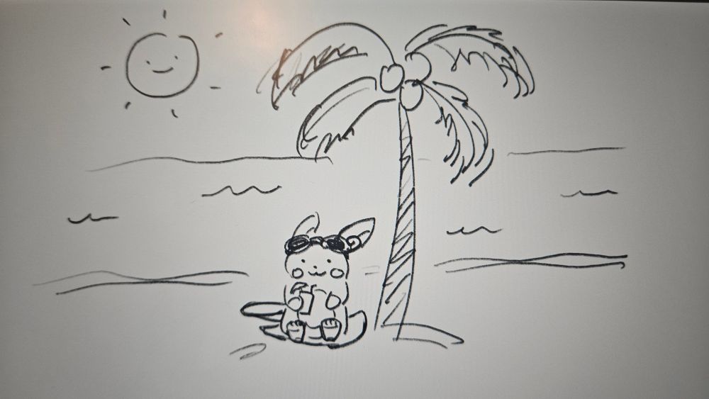 Raichu sitting under a coconut tree with sunglasses on its head and a drink in hand, chilling on the beach 