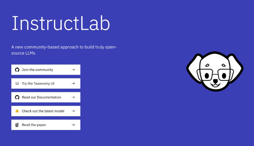 A screenshot of the instructlab.ai webpage, with the InstructLab logo, description "A new community-based approach to build truly open-source LLMs", and links to various resources