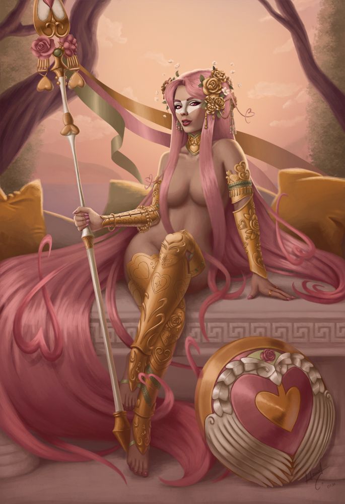 Aphrodite, the goddess of love, sitting seductively on a bench. Her long and shinny pink hair flowing beautifully around her body. She’s donning her battle armor, which is thigh high greaves and armpit high braces. Her shield resting against the bench, and her heart shaped spear being tightly grasped by her hand. 