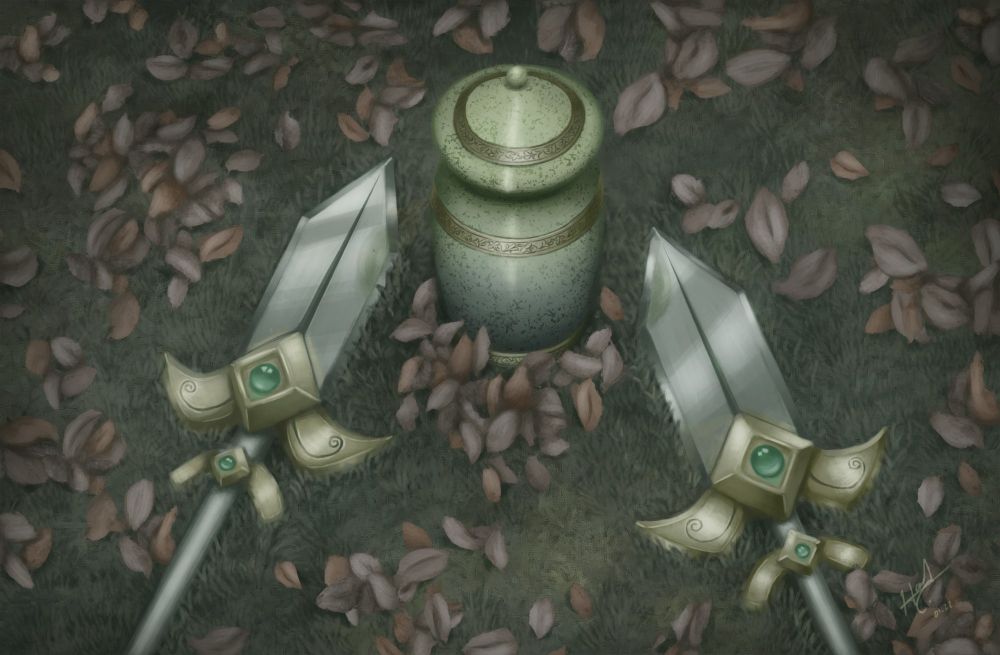 A mortuary urn at a field covered with dry leaves. The urn has a gradient from green to teal, reminiscing to Achilles and Patroclus' colours from their design in the game "Hades". Next to the urn are two spears, with their heads next to the urn, mirroring how Achilles and Patroclus used to lay and rest when in life.