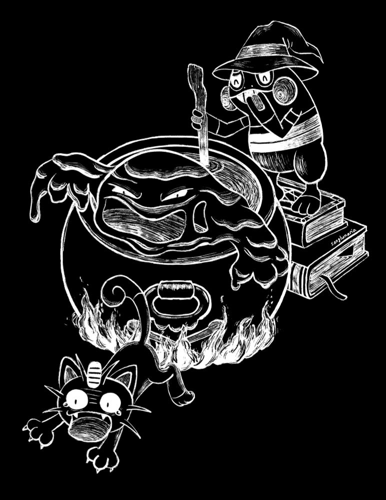 A Halloween-themed drawing of Croagunk wearing a witch hat and stirring a cauldron. A Muk is coming out of the cauldron and chasing off a scared Meowth.
