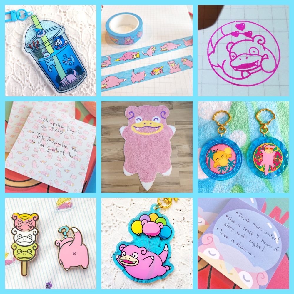 A 3 by 3 photo grid collage of various Slowpoke items designed by the OP.