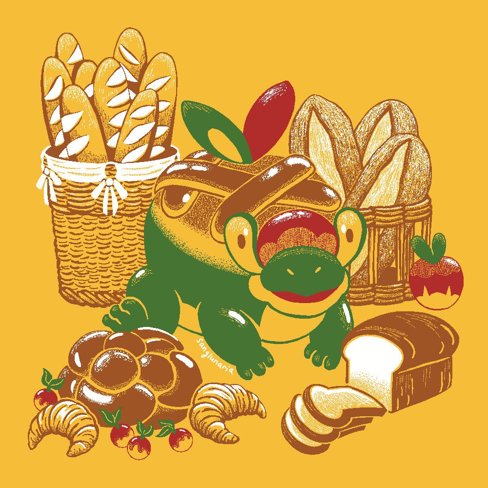 A pixel-style drawing of Appletun with a lot of different breads and baked goods.