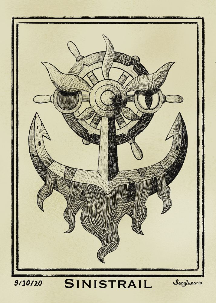 A monochromatic drawing of Dhelmise done in a style reminiscent of vintage prints.