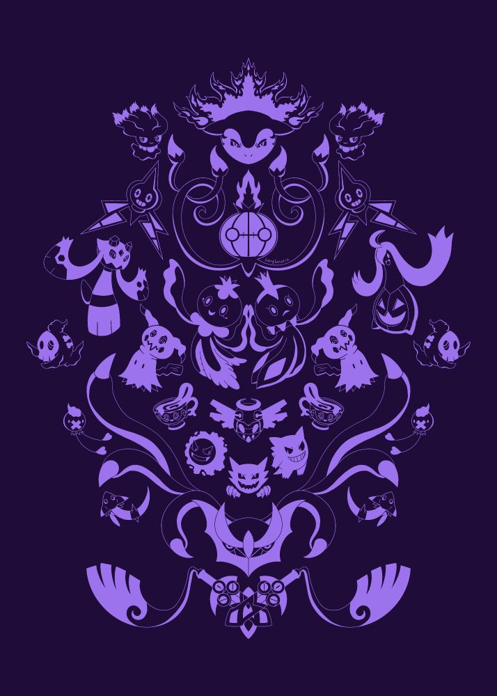 A drawing of many different ghost Pokemon in lavender against a dark purple background.