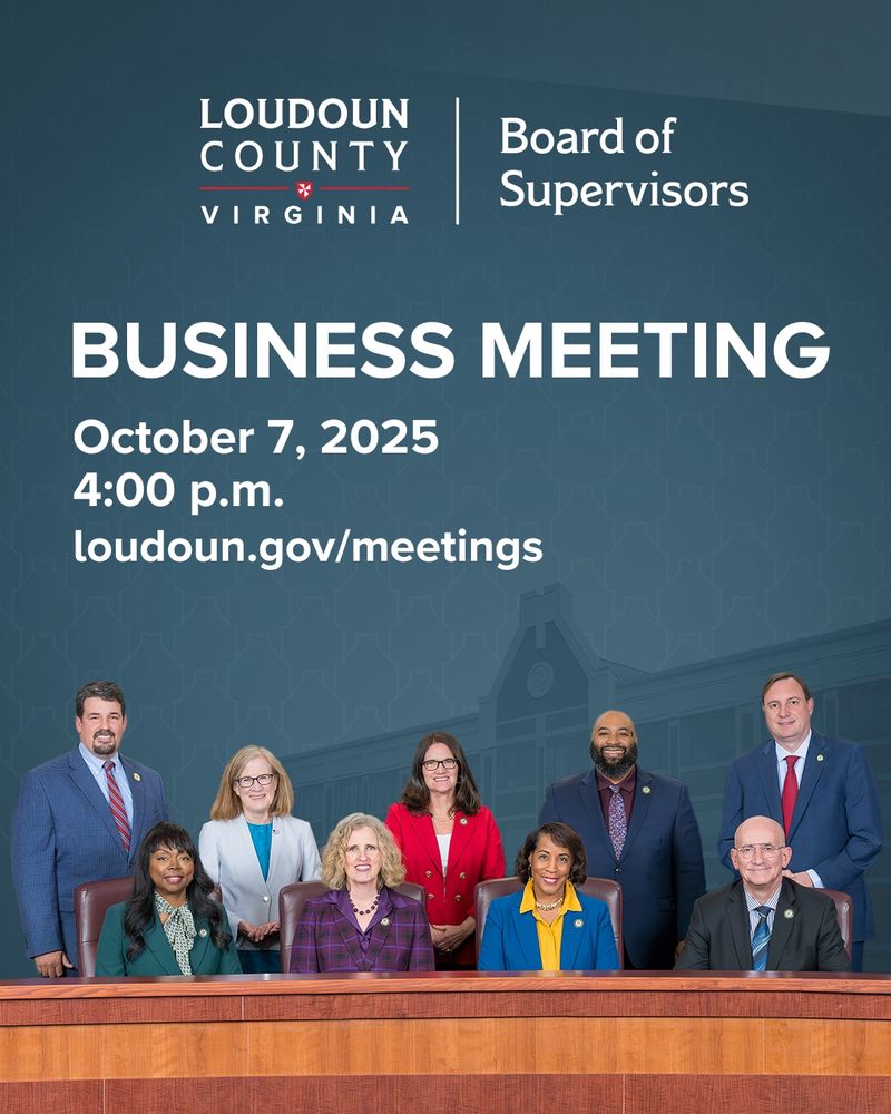 Members of the Loudoun County Board of Supervisors on the dais with information about the October 7, 2025, business meeting