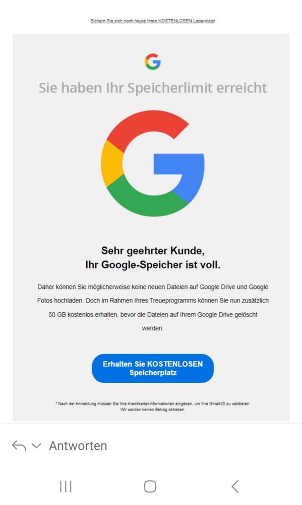 Angebliche Mail von Google, wonach der Google-Speicher voll sein soll, mit Aufforderung, Kreditkartendaten einzugeben.