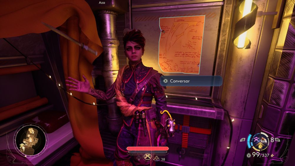 Print do jogo Outer Worlds 2 em que a Aza tá sem capuz e é bem gata...