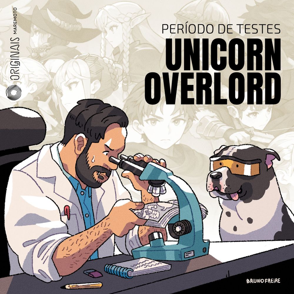 Capa do podcast Minha Primeira Vez, numa ilustração em que eu olho um quadrinho no microscópio enquanto a Mococa me acompanha ao lado com cara de boboca.