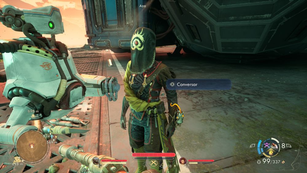 Print do jogo Outer Worlds 2 em que a personagem Aza está com seu capuz, que tampa o rosto inteiro.