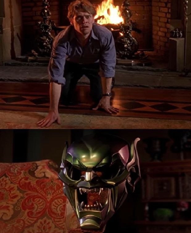 Imagens do primeiro filme do Homem Aranha, em que o ator Willem Dafoe olha para a máscara do Duende Verde com medo.