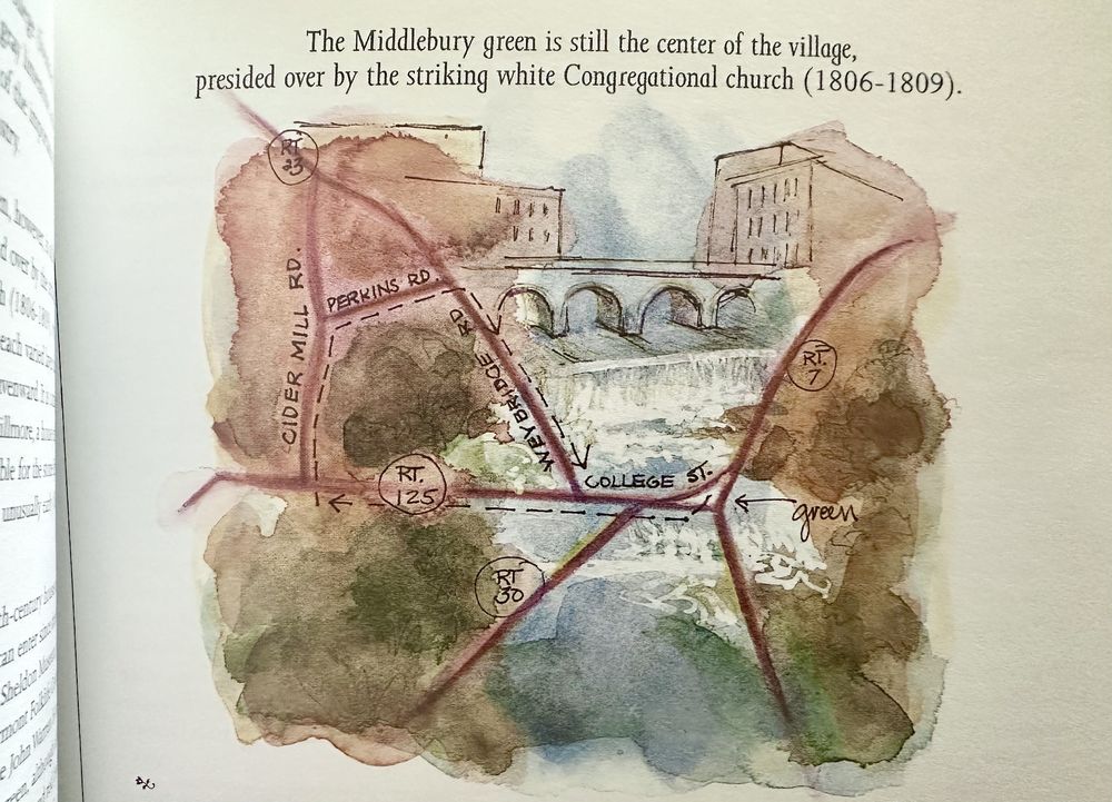 Watercolor of some village scenes with a map, overlay it, with text that reads “The Middleberry green is still at the center of the village, presided over by the striking white congregational church.”