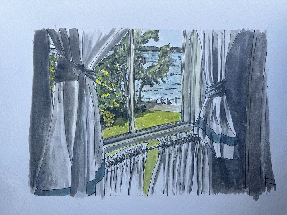  Watercolor and pen painting of lake Champlain from a 1950s camp in Vermont, the scene is viewed through a curtain window