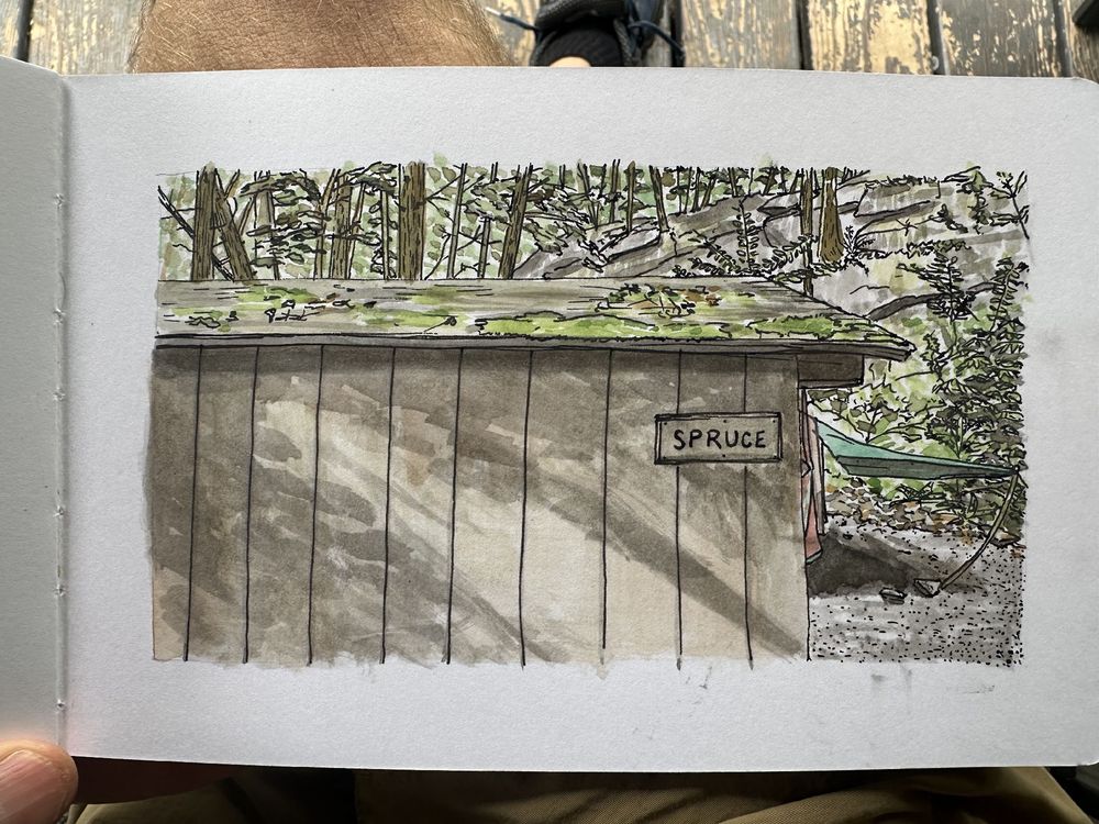  Watercolor and pen, drawing of the back of a campground lean to with a tarp and towel in the background