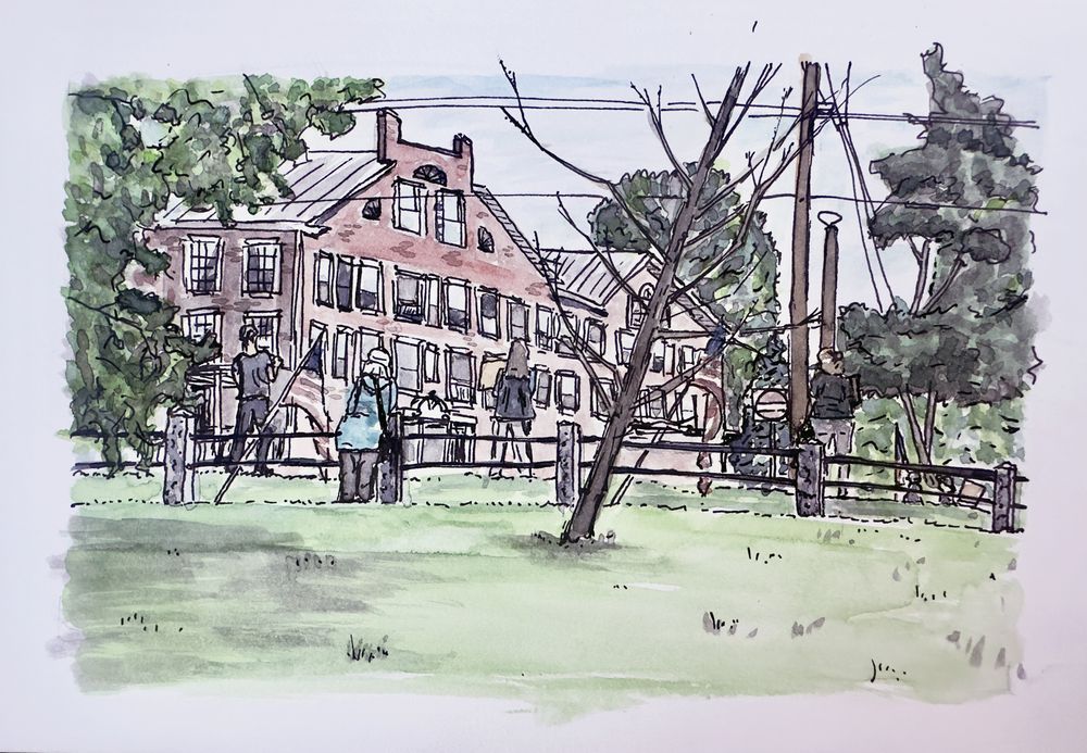 Ink and watercolor of people protesting in downtown Middlebury, Vermont, American flags, brick buildings, and a dead tree in the foreground.