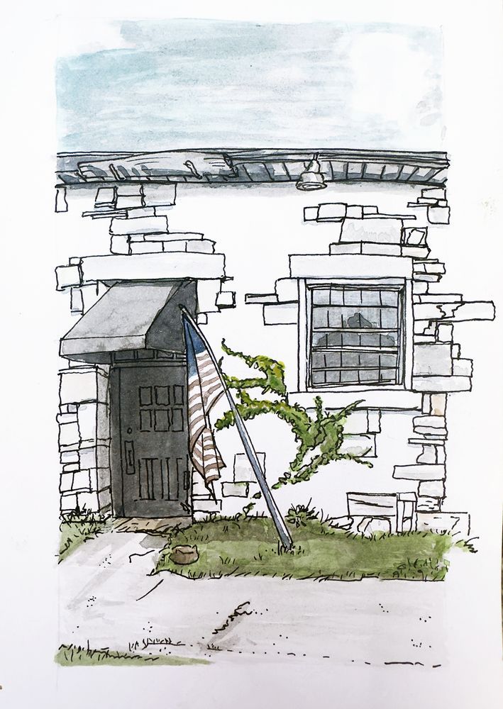 Pen and watercolor, drawing from Middlebury, VT showing a deli in a building made of marble
