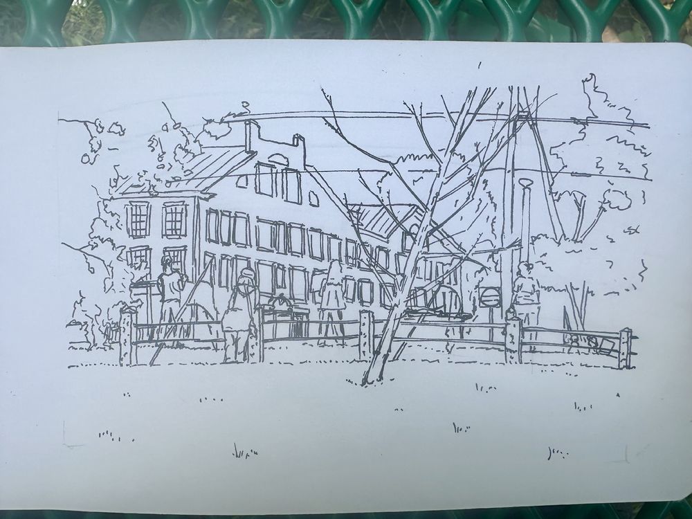 Ink drawing of anti-trump protesters encouraging honks in downtown Middlebury, Vermont