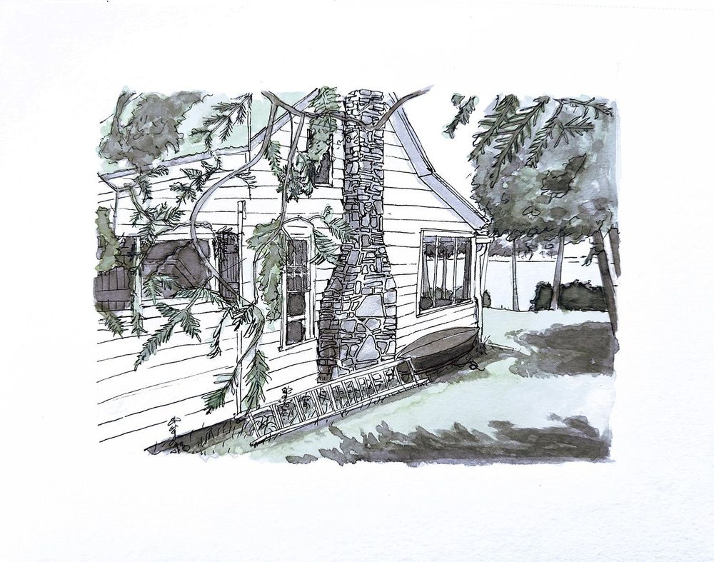 Watercolor and pen painting sketch of the side of a seasonal cabin with a river in the background. 
