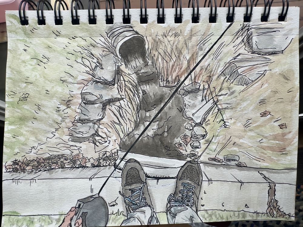 pen and ink watercolor drawing sketch of looking down at my feet above a short culvert where water is flowing from a small stream into, i’m holding a dog leash
