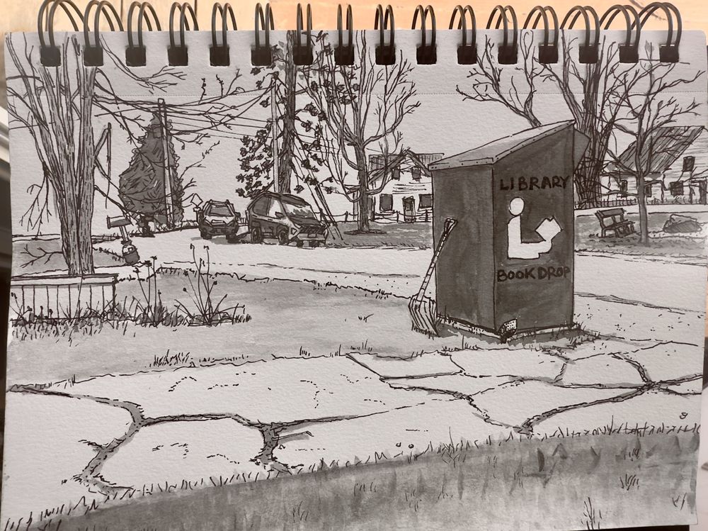 Pen and ink sketch of a walkway and Library drop off box in the foreground and a winding road and town park in the background