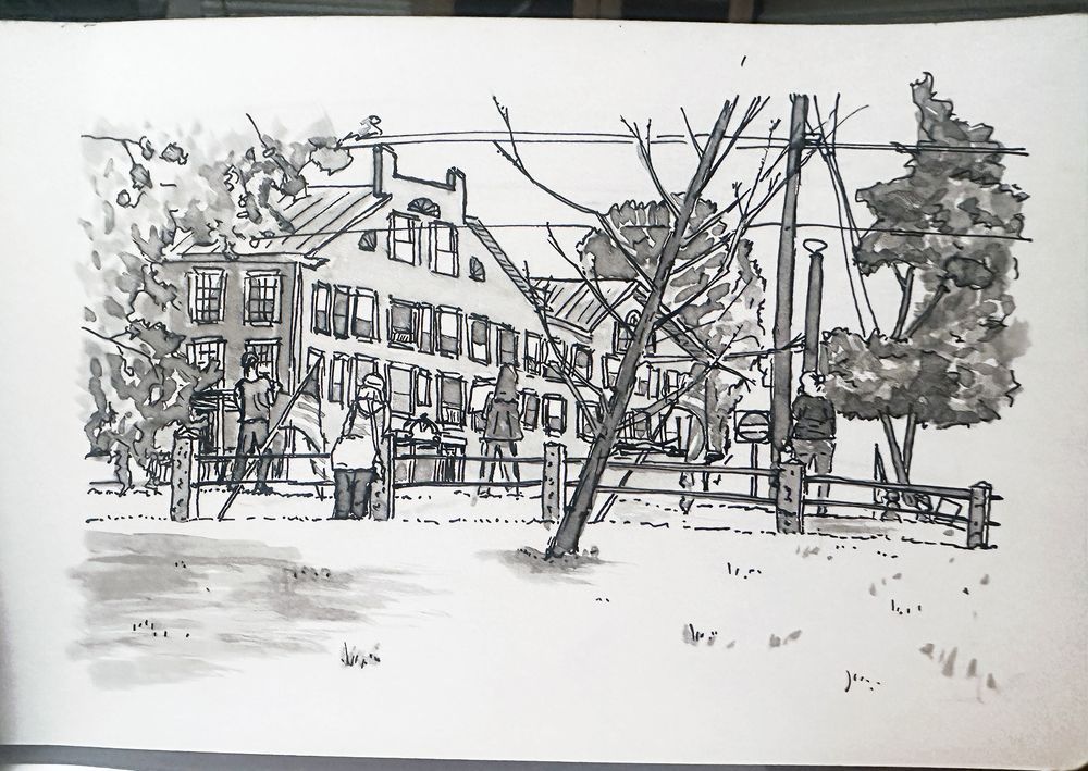 Ink-only phase of people protesting in downtown Middlebury, Vermont, American flags, brick buildings, and a dead tree in the foreground.