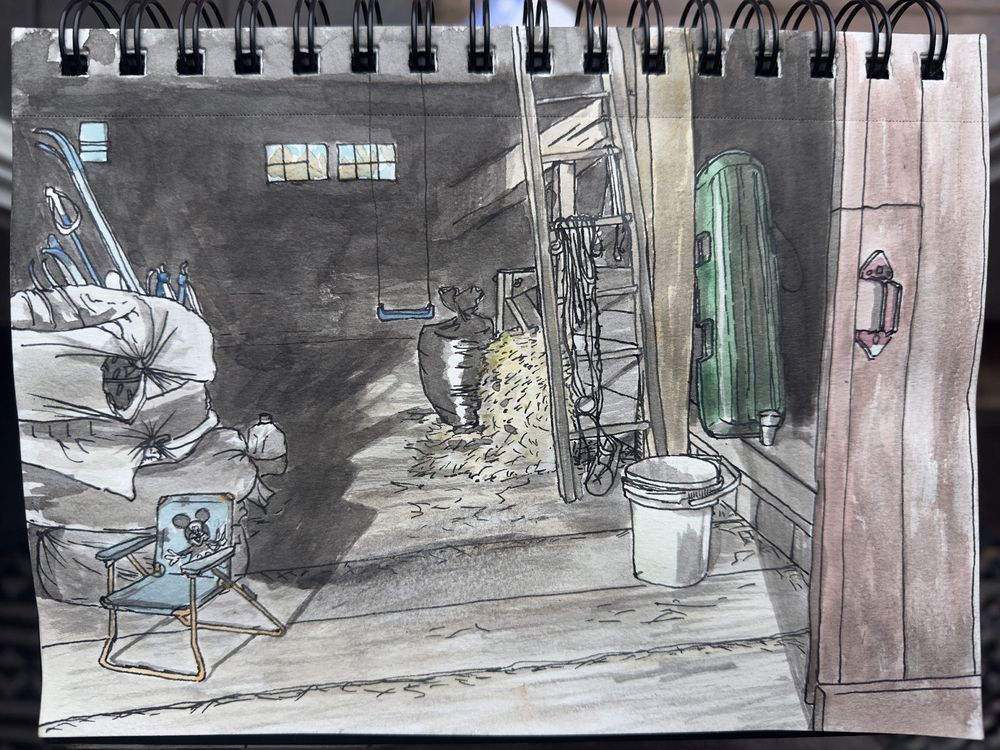  Ink and watercolor, drawing painting of inside a barn, including objects, kids, Mickey Mouse chair, white bucket, green sled, pile of hay, dark shadows