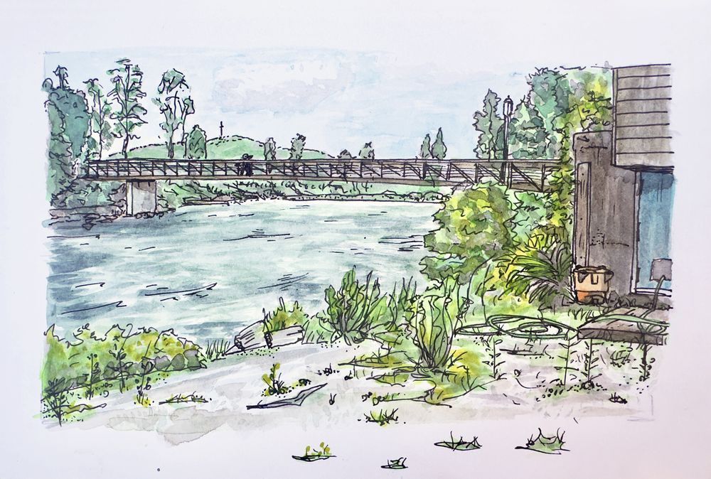 Ink and watercolor of the backside of a restaurant next to a beautiful river and bridge, in Middlebury, Vermont