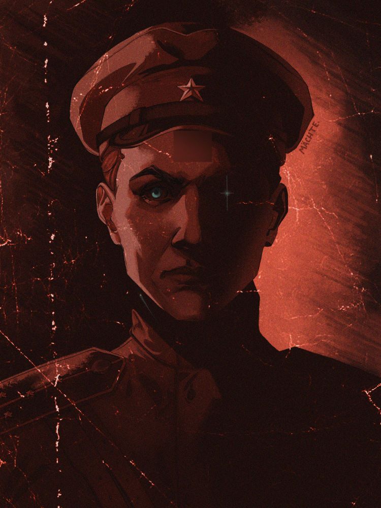 an art depicts a young man, a soldier named Heinrich, frowning at the viewer, one side of his face heavily darkened and two blue eyes peering out of the gloom. one eye is stylized as a star.