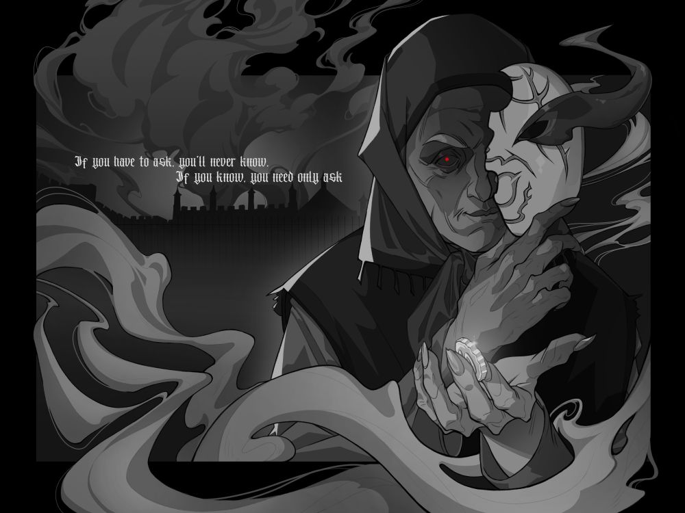 оld woman, looking at the viewer with a cunning look, holds out a white coin with which you can summon the old woman. With her other hand, she holds a white mask, hinting at the complicated nature of the old woman. In the background, the burning mansion of the wizard against whom the old woman rebelled