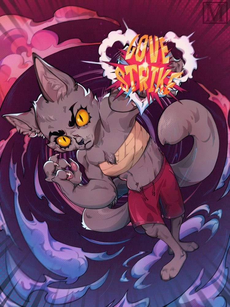 an art comics style piece depicting a cat called Brumhilda - she is a grey british cat that punches towards the viewer, which causes an explosion with the inscription love strike. she has yellow eyes that look into your soul, and she's wearing red boxer shorts. around her, the smoke shimmers from cold blue to warm orange colors.