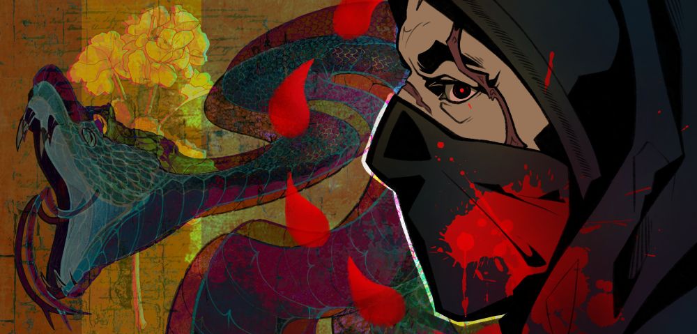 a man in a hood and mask is depicted in profile, with blood on his cheek. on the other hand, there is a snake about to bite and a geranium flower.