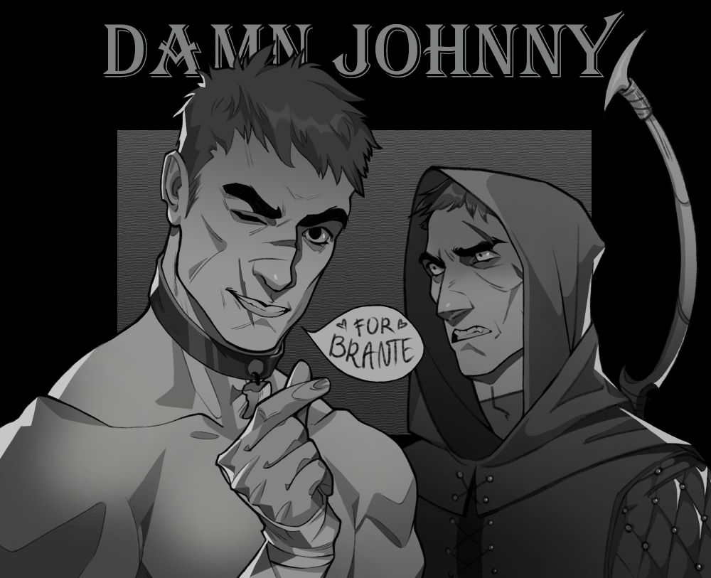 The picture is black and white, with two men, one a barbarian, the other a ranger. The barbarian shows a heart, showing his love for one of the NPC