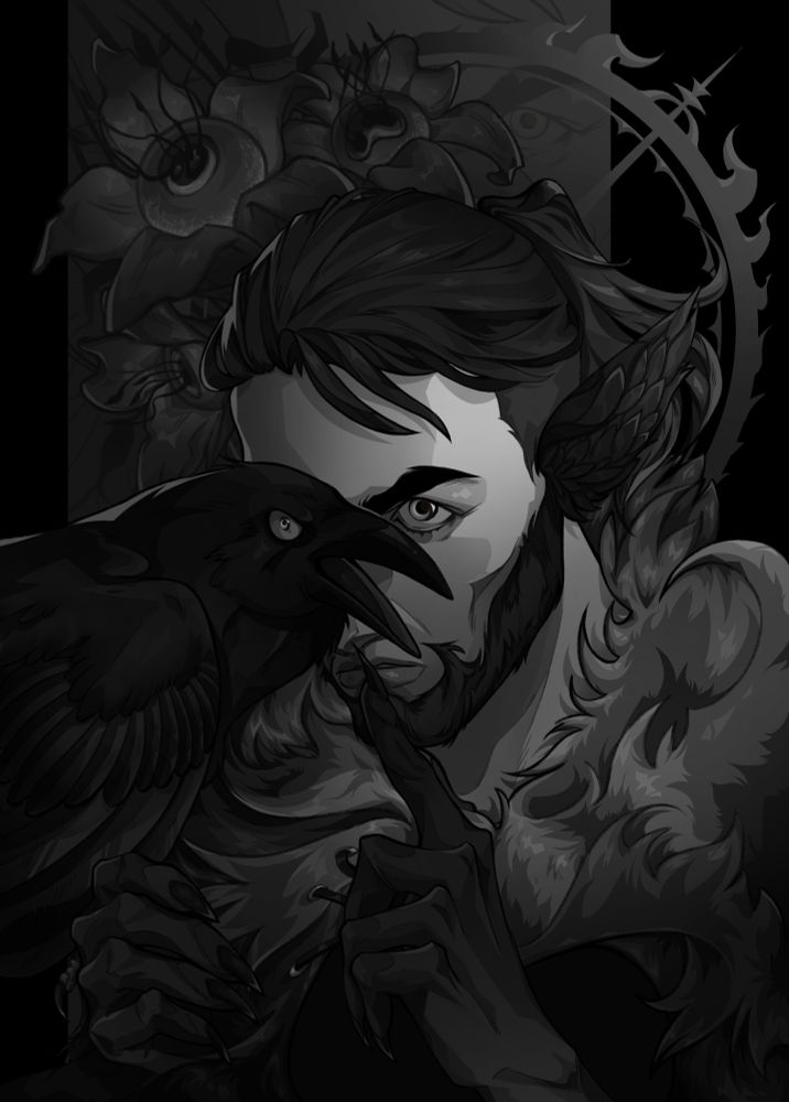 customer's character with the raven is a man with long ears and black, clawed hands. on the background of lilies with eyes inside