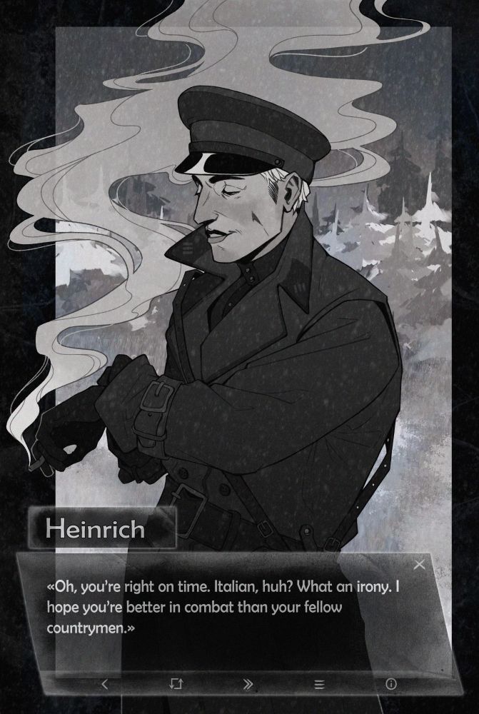 the art depicts my character Heinrich, who smokes a cigarette and looks at his wristwatch. the picture is stylized as a frame from a visual novel. there is a panel at the bottom where Heinrich's name and dialogue are written.