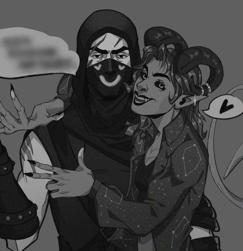 art depicts two characters - one is an elf man in a hood and mask, the other is a tiefling girl who hugs him.
