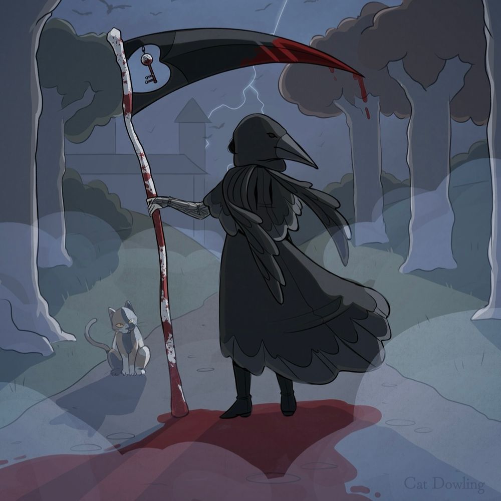 A cloaked figure with crow like elements on their cloak holds a bloodied scythe in a forest as lightning strikes. 