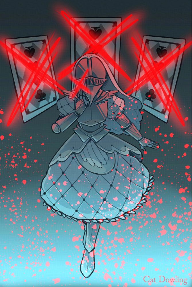 Masked female knight holding a playing card up to her face with a red X over it. There are three playing cards with red X’s over them in the background