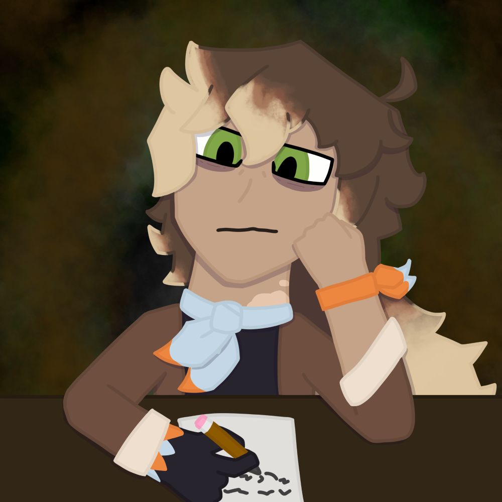 An illustration of Talon looking tired and depressed as he writes something down.