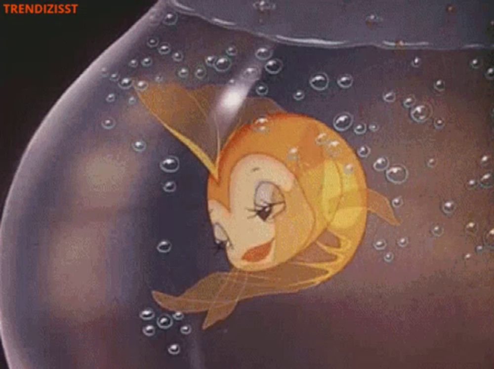 a cartoon fish is swimming in a glass bowl with bubbles and the words trendizisst on the bottom right