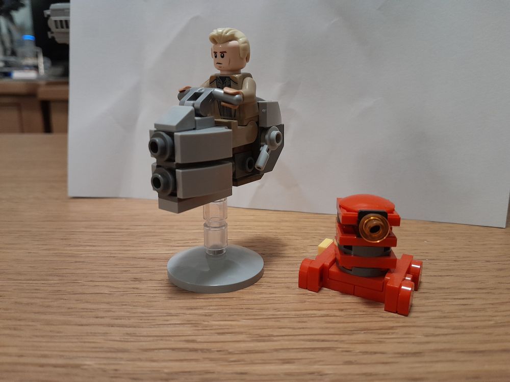 Custom Lego models of Luthen Rael on a speeder bike and B2EMO from the Star Wars show Andor.